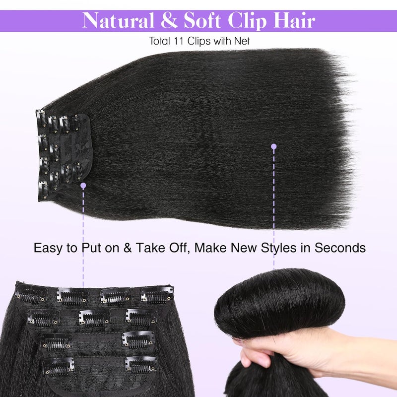 HANNE Kinky Straight Clip ins Hair Extensions Natural Black Full Head Yaki Straight Seamless Clip in Synthetic Hair Pieces for Women (Black, 14 Inch) - Image 3